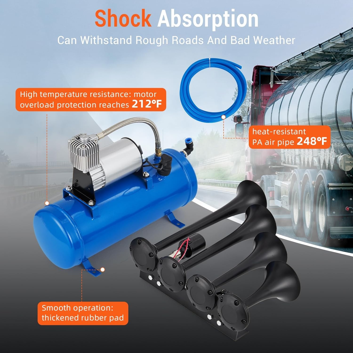Air Horn Truck Train Horns Kit 12V w/6L Air Compressor 4 Trumpets 150db 150PSI