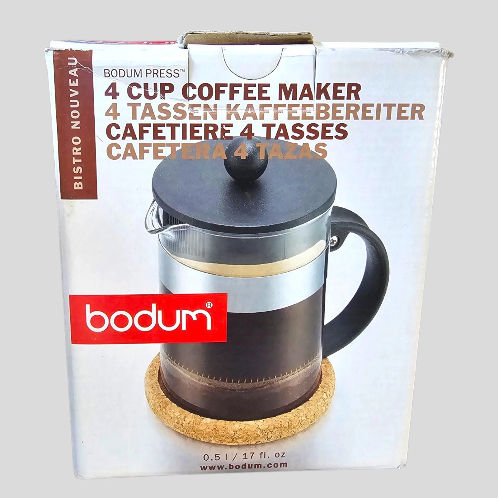 Bodum French Press Coffee Maker New In Box With Cork Coaster And Coffee Scoop