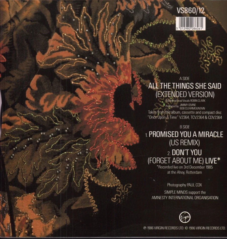 Simple Minds All the Things She Said 12" vinyl UK Virgin 1986 in pic sleeve - Image 2 of 4