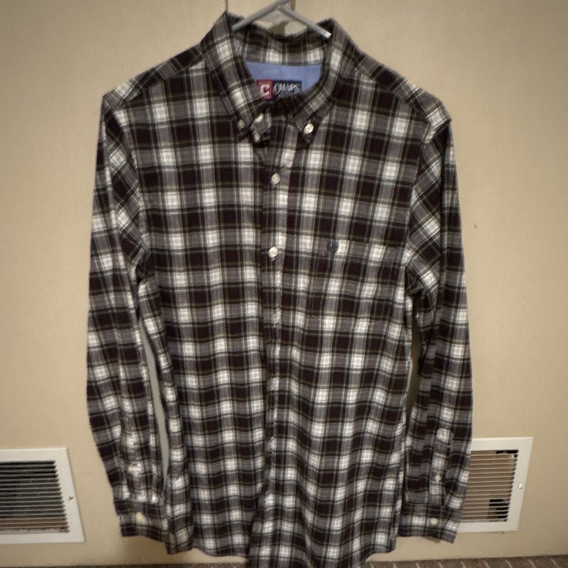 Chaps Stretch Plaid Gray White Burgundy Yellow Mens S Woven Button Down Shirt