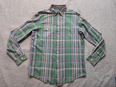 Polo Ralph Lauren Shirt Mens Large Green Plaid Cotton Double Pocket Long Sleeve