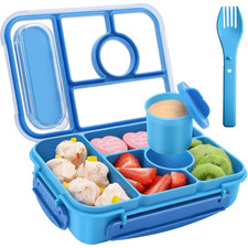 Kids Bento Lunch Box 4 Compartment Leakproof Food Container Sauce Cup Fork Blue