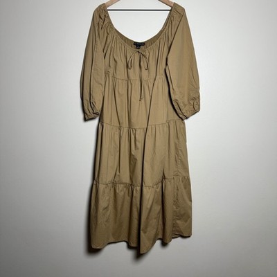 Hyfve Womens Midi Dress L Brown Cotton Tiered Puff Sleeve Prairiecore Western