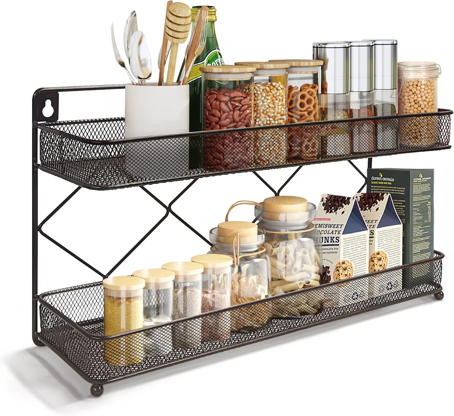 2 Tier Metal Kitchen Counter-top or Wall Mount Spice Rack,Jars Storage Organizer