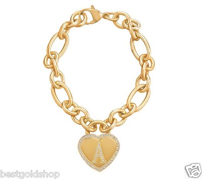 QVC Steel by Design Pave Heart Initial Rolo Charm Bracelet 14K Yellow Gold  Clad