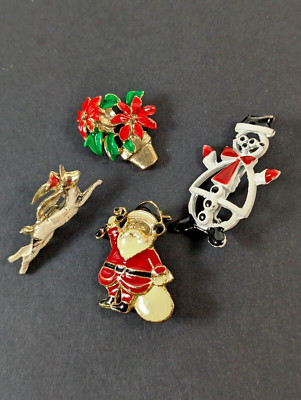Vintage Christmas Pin Lot 4 Enameled Metal Holiday Brooches Rabbit Snowman