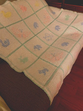 Baby Blanket hand made knitted patchwork White With Pastel Animals 48 X 46