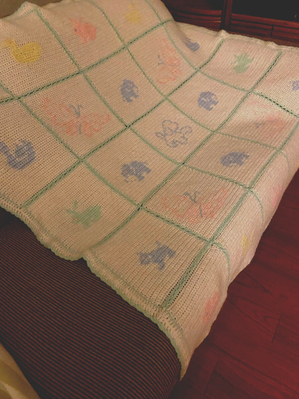 Baby Blanket hand made knitted patchwork White With Pastel Animals 48”X 46”