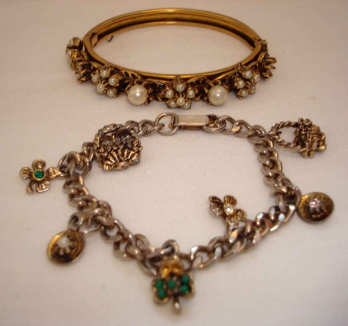 pearl hinged silver tone basket flower dangling charm bracelet