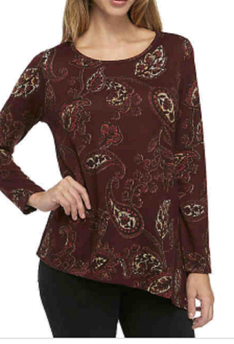 New Directions L Asymmetrical L/S Soft Hacci Sweater Top Plum Paisley Print - Picture 2 of 5