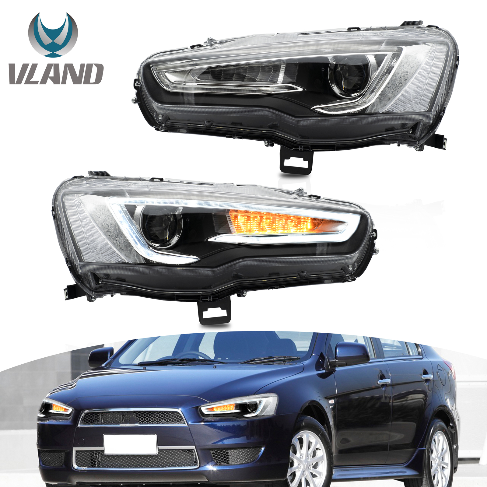 Phares LED VLAND pour Mitsubishi Lancer 2008-2020 avec clignotant séquentiel noir