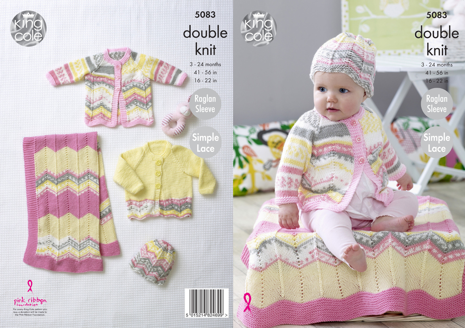 Baby DK Knitting Pattern Simple Lace Raglan Cardigan Coat Blanket King Cole 5083