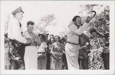 RPPC Horseshoe Game Officer Man Smoking Crowd Watch c1940s photo postcard IQ17