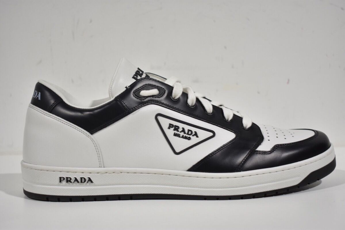 Prada District Leather White Black Triangle Logo Flat Low Prada District Leather White Black Triangle Logo Flat Low