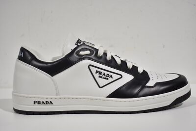 Prada District Leather White Black Triangle Logo Flat Low