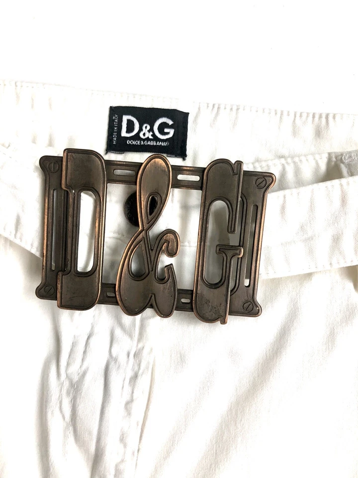 $450 Dolce & Gabbana Women off White Pants With DG Logo Buckle Size 28 - Image 2 of 4