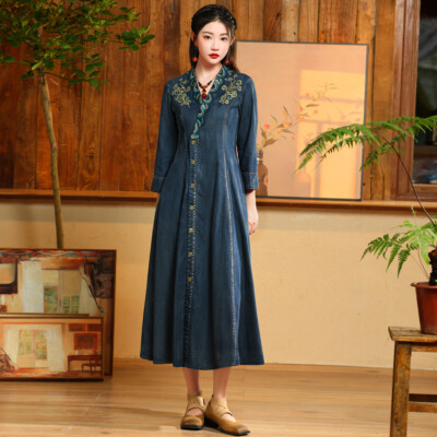Women's Denim Dress Embroidered Casual Dresses Cardigan Long Maxi Dress