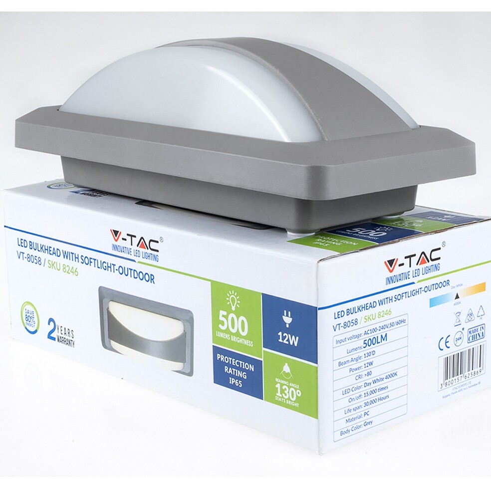 Lampada da muro Led SMD 12W Wall Light IP65 colore grigio V-TAC VT-8058 3000K - 2