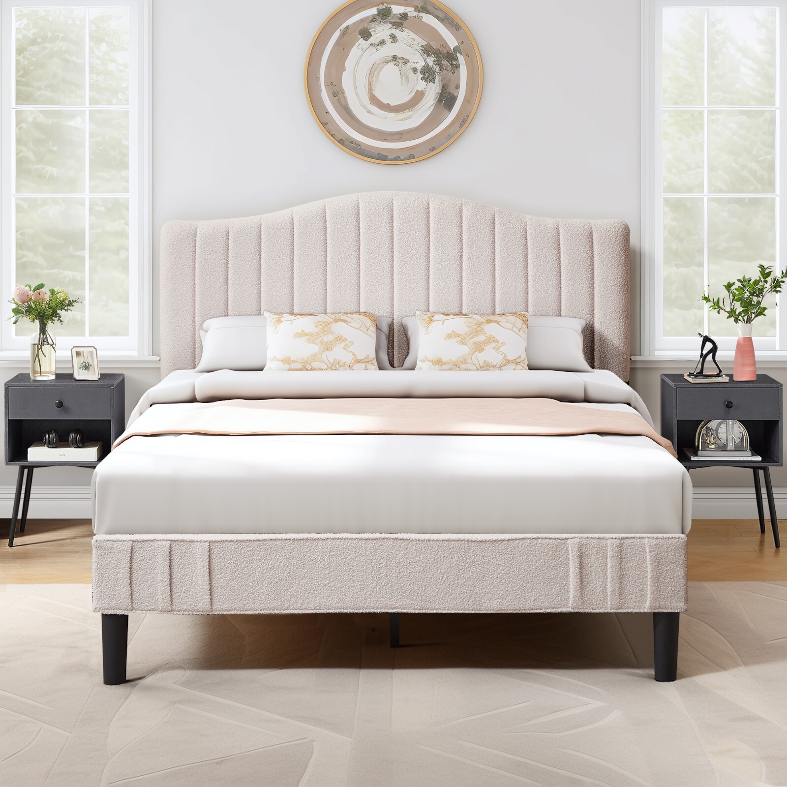 Twin Full Queen Size Platform Bed W/ Adjustable Headboard