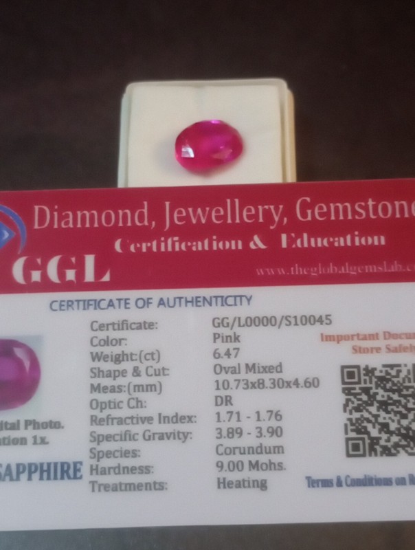 NATURAL EARTH MINED GGL CERTIFIED GEM TESTED HEATED OVAL PINK SAPPHIRE 6.47 CTS.