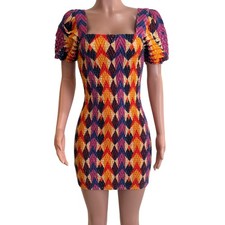 Farm Rio Lindeza Grafica Mini Dress Womens S Smocked Puff Sleeve Multicolor 
