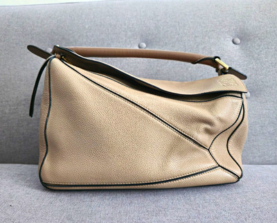 Loewe Puzzle Medium Beige Taupe Grained Leather Top Handle Shoulder Bag
