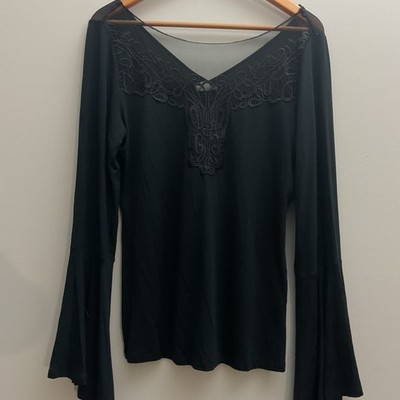 Venus Women Witchy Top Size Large Mesh Lace Bell Sleeve Back V Stretch Goth Vamp