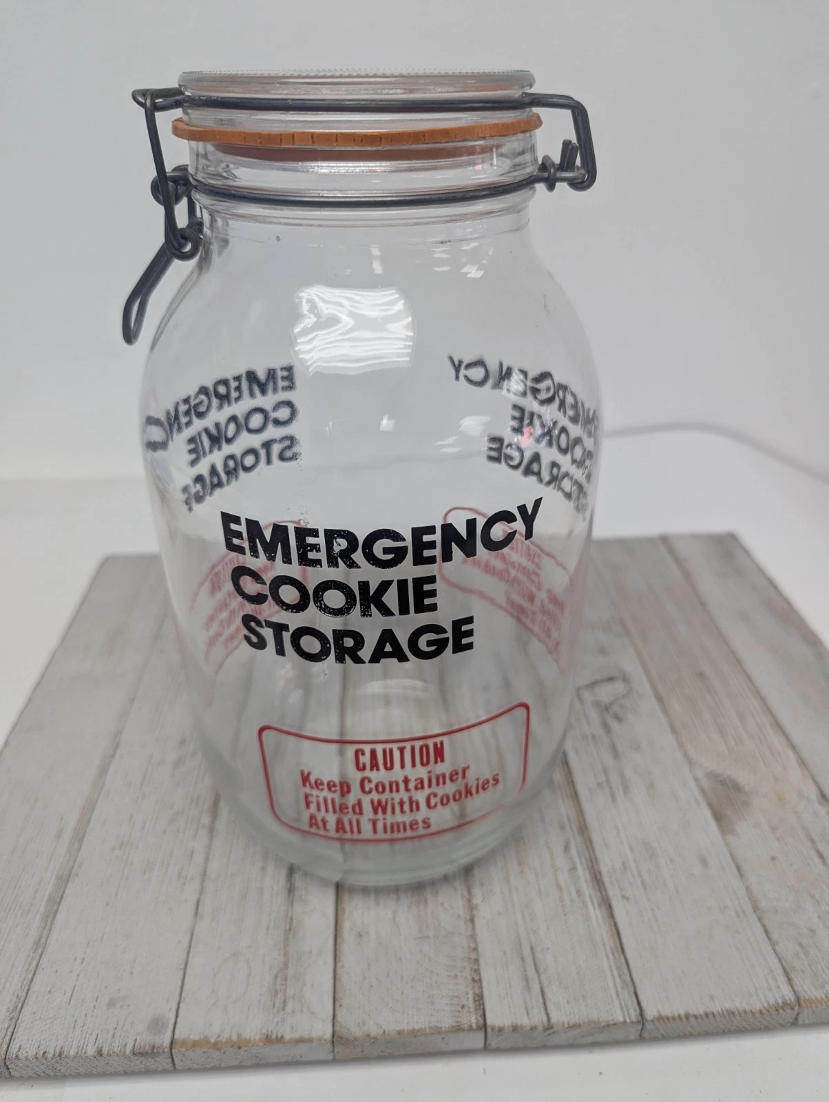 Clear Glass Emergency Cookie Jar Lightning Bale Lid W/Clamp - 10" Tall, 4.5" W