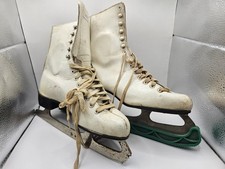 Vintage White Leather Figure Ice Skates Pair Metal Blades Lace Up Decor Prop