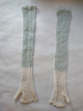 Vtg Long Lace Fingerless Gloves Crochet Victorian Blue Ivory Wedding Party Prom