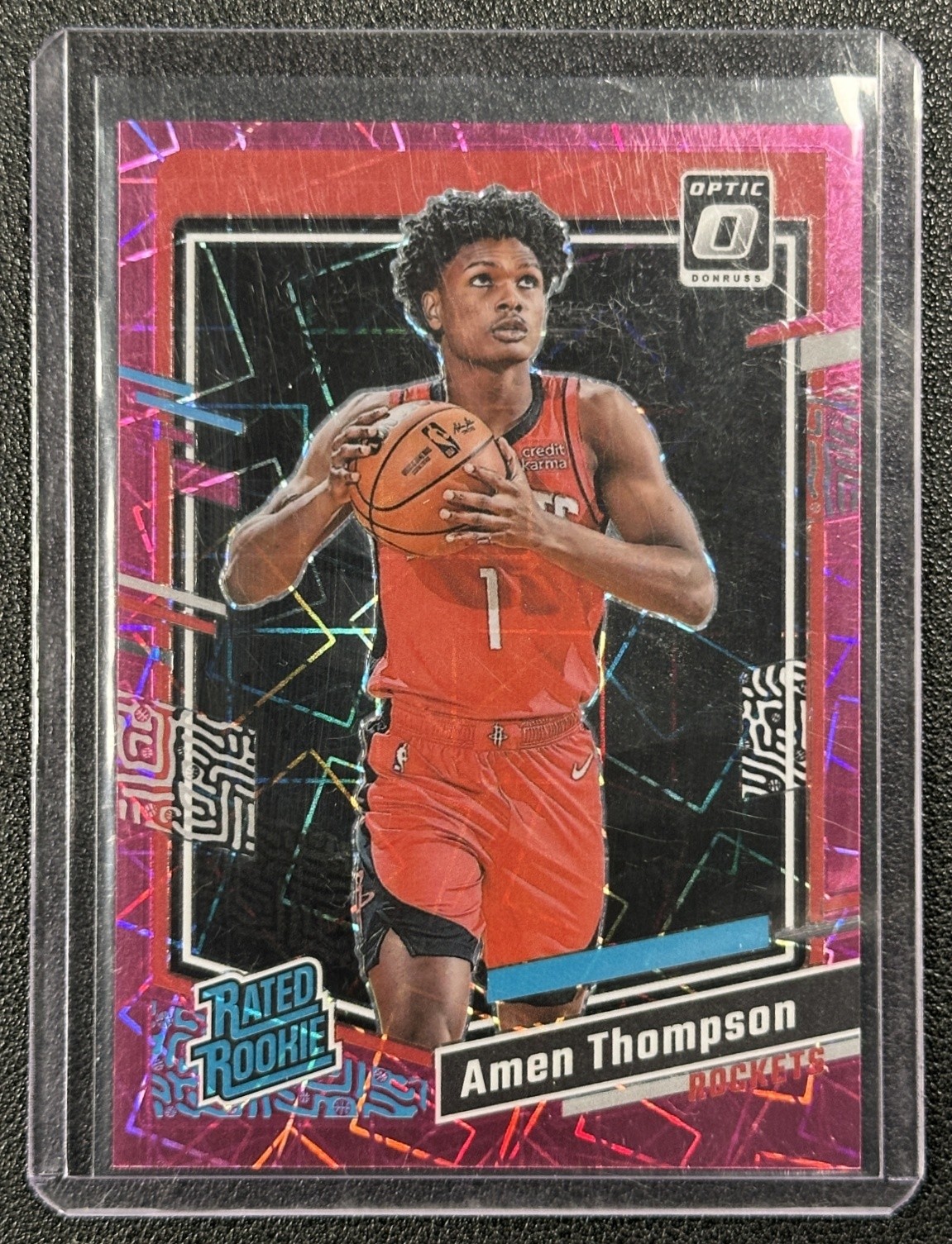 AMEN THOMPSON 2023-24 PANINI DONRUSS OPTIC #229 PINK VELOCITY PRIZM ROOKIE 76/79