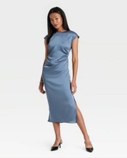 New A New Day women Satin Midi Dress W/ Slit Steal Blue Small