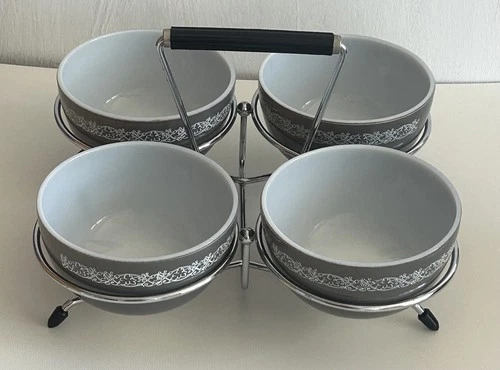 Vintage JAJ Pyrex 4x Small Grey Party Bowls with Holder / Stand Nibbles Dish