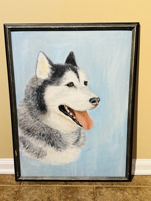 Siberian Husky Painting Original Art Dog Portrait on Board Artist Signed 26 x 20
