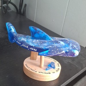 Handmade Whale Shark Figurine Blue Resin Sculpture on Wooden Stand Home Decor