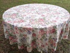 Spring Garden Floral Round Linen Tablecloth 70" Diameter Roses Azaleas