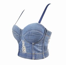 Blue denim corset top with distressed details, size S.