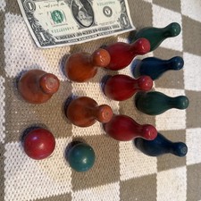 Vintage Wooden  10-Bowling Pins & 2- Balls Made In USA      Great Shape
