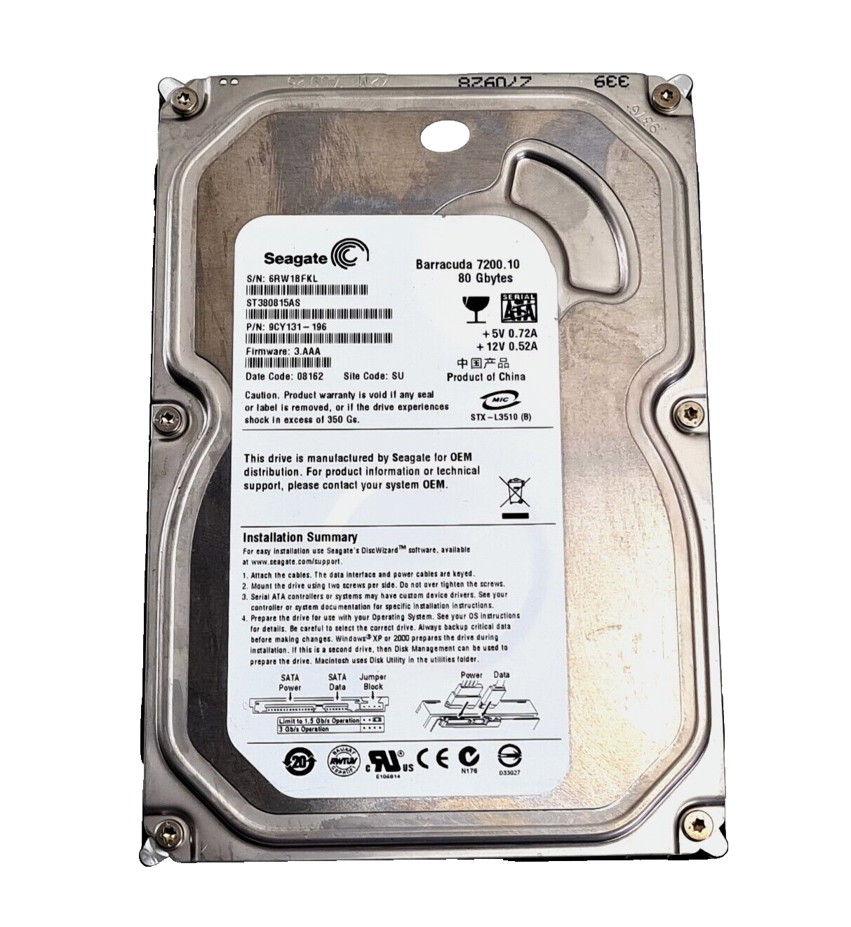 80GB SATA-2 3.5"" 7200RPM 3Gb/s HDD - ST380815AS