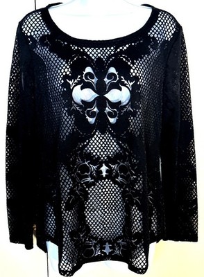 Whimsygoth Black Sheer Mesh Top Large Cache Overlay Soft Lightweight Long Sleeve