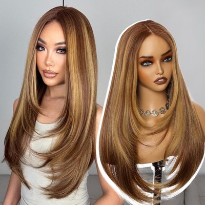 Highlight Linen Brown Lace Front Wig 26 Inch - 13x4 HD Lace Layered Wigs for ...