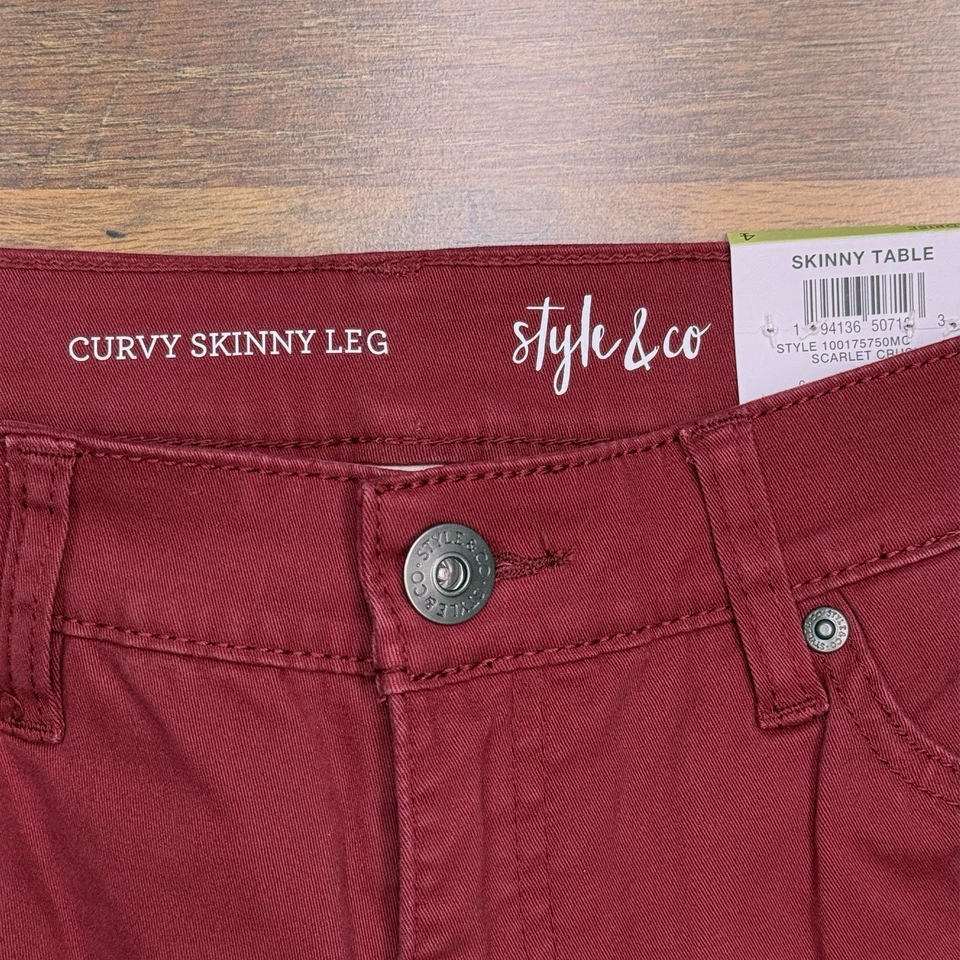 Pantalones de mezclilla ajustados Style & Co con curvas para mujer 4 rojos tiro medio elásticos nuevos  Foto 4 de 4