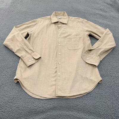 Loro Piana Button Up Shirt Mens Size L Beige Herringbone Cotton Made in Italy