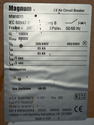 EATON CUTLER-HAMMER MAGNUM LV AIR MWI8203HEA 2000AMP LOW VOLTAGE CIRCUIT BREAKER