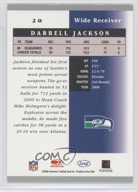 2001 Leaf Certified Materials Darrell Jackson #20 - Image 2 of 2