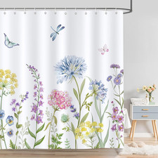 Spring Floral Shower Curtain, Pink Yellow Blue Flowers Hydrangea Butterfly Plant