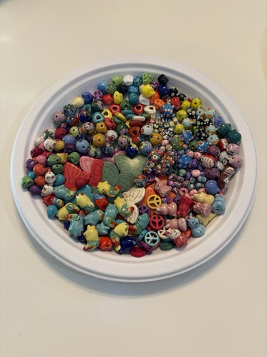 Lot of Over 250 Ceramic Jewelry Beads Various Sizes Shapes & Colors