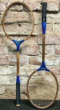 2 VINTAGE 26" WOOD BADMINTON RACKETS RAQUETS by KING SPORTING GOODS BLUE PAIR