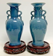 Individual Siam Celadon Glazed Blue Pottery Vase With Hand-Carved Wood Stand