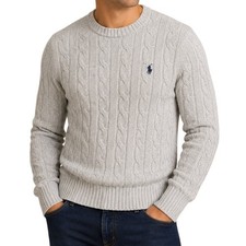 Polo Ralph Lauren Light Grey White Cable Knit Crewneck Sweater Men's Small